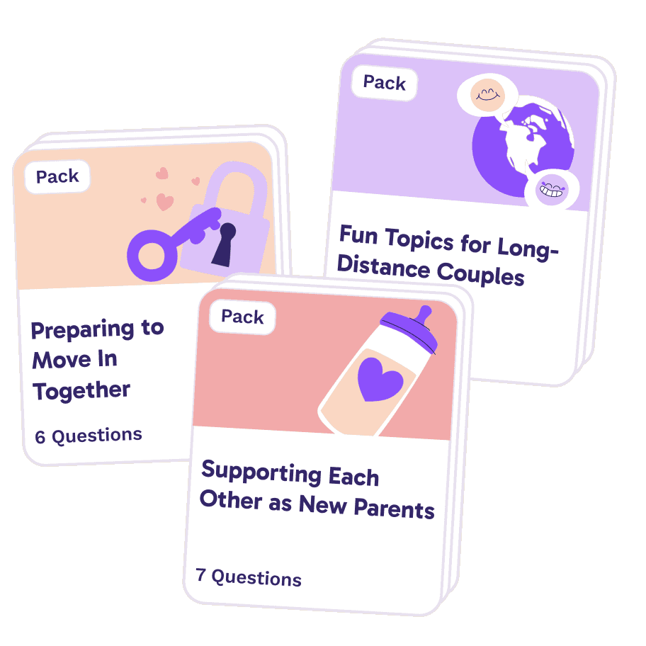 Three Paired question packs: “Preparing to Move In Together”, “Fun Topics for Long-Distance Couples” and “Supporting Each Other as New Parents”