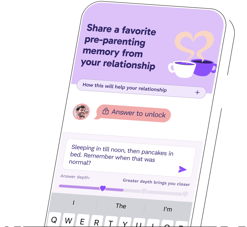 The Paired app showing the daily question “Share a favorite pre-parenting memory from your relationship”, with the partner’s answer locked until you reply